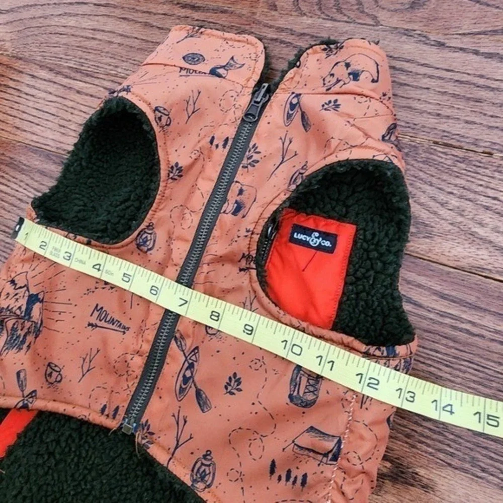 Lucy & Co Reversible Dog Vest Large Orange Camping Print Sherpa Warm Cozy